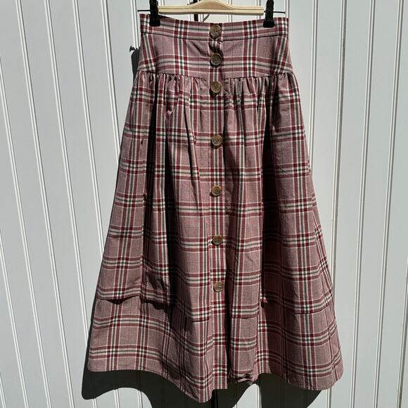 Rejina Pyo Christmas Plaid Midi Skirt Red Green Button Front Size 2 US 6 UK $550 - Picture 3 of 16